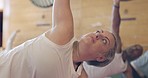 Yoga class, woman stretching and fitness, training and meditation on floor for health and wellness. Personal trainer and people or group in pilates exercise, workout and holistic healing and balance