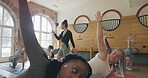 People in yoga class, coach and fitness with wellness, active and learn, stretching body and peace. Exercise, group workout and personal trainer with performance, commitment and coaching for health