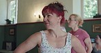 Stretching, woman listening and pilates with balance, workout and fitness warm up in a yoga studio or gym class. Wellness, mindfulness and relax female athlete with health and spiritual exercise