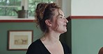 Yoga teacher, advice and wellness teaching with class and communication in gym studio. Woman, talking and balance with helping and spiritual coaching of pilates with person trainer and mindfulness