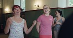 Group, yoga class and woman talking with happy communication, community or social gym chat. People, relax and speaking about exercise, training or pilates workout with personal trainer or instructor