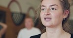 Yoga teacher, woman talking and wellness teaching with class and communication in gym studio. Advice and balance with helping and spiritual coaching of pilates with person trainer and mindfulness