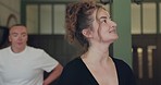 Yoga teacher, fitness and wellness teaching with class and communication in gym studio. Woman, talking and balance with helping and spiritual coaching of pilates with person trainer and mindfulness