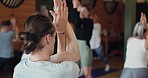Man, yoga and wellness for health in back view with determination, pose and class for fitness. Caucasian, person or model with workout for stress, breathing and peace with meditation for thinking