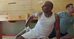 Leg stretching, yoga class and man with pilates exercise for zen, peace and wellness. Male person, healing and balance for meditation and breathing at a health club to relax on a gym and sports mat
