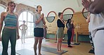 Meditation, calm and people with teacher in studio for mind, body and fitness for chakra. Peace, yoga class and group of meditation students in position for pilates breathing exercise in health gym.