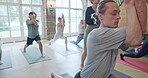 Yoga, breathing and health with people in class for learning, workout and mindfulness. Balance, meditation and peace with teacher in pilates studio for coaching, energy and spiritual wellness