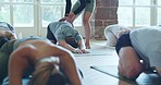 Pilates, breathe and people stretching in gym for mind, body and fitness for chakra balance. Peace, calm and group of meditation students in position for yoga exercise class in zen health studio.