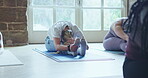Stretching, yoga class and people exercise for fitness, health and wellness. Women group at zen club for meditation, breathing workout and healing or relax with balance, motivation and pilates
