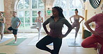 Yoga, wellness and health with black woman in class for learning, fitness and mindfulness. Balance, meditation and peace with person and workout in pilates studio for coaching, energy and spiritual