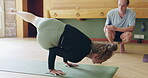 Yoga, health and teacher with people in studio for coaching, flexibility or stretching. Meditation, spiritual and mindfulness with instructor helping client in class for workout, fitness and wellness