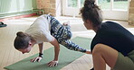 Coaching, yoga and balance with people in studio for learning, teacher and health. Spiritual, mindfulness and flexibility with instructor and client in class for challenge, support and wellness