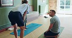 Coaching, yoga and learning with people in studio for teacher, balance and health. Spiritual, mindfulness and flexibility with instructor and client in class for challenge, support and wellness