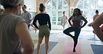 Yoga class, fitness and instructor talking to people for body, mind and spiritual exercise. Wellness, health and meditation mentor speaking to group of athletes for workout in a pilates studio or gym