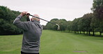 Man, stroke and driver for golf, sports and competition on grass, challenge and tournament. Senior person, golfer and ready for game, practice and hobby or recreation, action and equipment for match