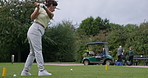 Woman, stroke and training on golf course, sports and outdoor practice for performance in competition. Female person, athlete and motivation for workout, exercise and commitment for recreation or fun