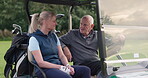 Happy, business people and talking in golf cart on course with friends or chat with senior man. Woman, smile and elderly golfer relax and discuss sports on lawn in retirement, vacation or holiday