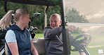 People, talking and buggy for driving on golf course, recreation and hobby for health, wellness and fitness. Man, woman and pointing on grass for strategy, plan and goal for competition in summer