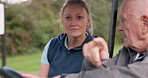 Happy, couple and talking in cart on golf course with directions, guide or adventure in sports. Woman, smile and elderly golfer relax or drive kart on lawn in retirement, vacation or holiday together