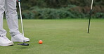 Legs, stroke and training for golf, person and lawn in outdoors, practice and performance or fitness. Athlete, leisure and recreation or workout, exercise and commitment to sport or competition
