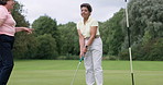 Senior women, golf and putt for sport, teaching and advice with fitness, outdoor and support on green. Elderly friends, coach and help in retirement for training, workout and target for development