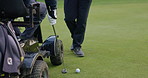Wheelchair, golf and senior man on course for game, training and learning sports with instructor. Retirement, golfer and elderly person with disability and golfing ball for fun, hobby and stroke