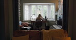 Woman, office and work from home at laptop back view as freelancer remote job, online connection for project. Female person, coffee and research planning as copy writing entrepreneur, desk at window