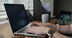 Hands, laptop and remote work with an author closeup in an office, working on creative literature. Computer, desk and internet with a freelance writer person typing in an apartment for storytelling