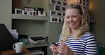 Woman, phone and remote work from home, texting and smile on face, funny meme and laugh with typing on web. Freelance employee, smartphone and social media app with contact, portrait and notification