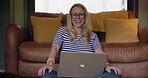 Woman, sitting on floor and laptop with dog, work from home and dancing with shoulders, playful and happy. Freelancer, living room and tech with song, singing and animal to keep her company for job