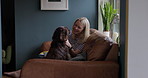 Woman, dog and relax on sofa in lounge, happy and talking with care, love or animal in home. Person, pet or labrador with smile, stroke and playful for bonding, loyalty and living room couch in house