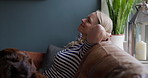 Woman, work from home and close laptop for job, stretching and relax with dog, sofa and smile. Living room, remote working and online with technology, happy and done with deadline for freelancing