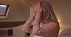 Frustrated woman, hands and bed in stress, headache or mental health from anxiety, depression or illness at home. Closeup of female person covering face in mistake, fail or emotion in bedroom house