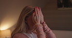 Home, covering eyes and sad with woman, stress and crying with reaction, memory and emotional. Person, apartment and girl with burnout, anxiety or mental health with depression, problem or frustrated