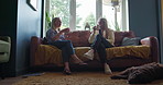 Morning tea cup, friends communication and women listening to conversation, discussion or news story. Living room couch, coffee break and people relax, social and bonding together over gossip talk