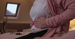 Breathing, calm and woman with hands on stomach for stress free slow meditation exercise. Peaceful, breathe and closeup of mature female person from Canada with body balance at modern apartment.