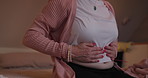 Breathing, peaceful and woman with hands on stomach for stress free slow meditation exercise. Calm, breathe and closeup of mature female person from Canada with body balance at modern apartment.