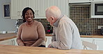 Comic, nursing home and woman caregiver with senior man consulting with a joke, bond or laughter. Happy, homecare and lady volunteer with elderly patient in a house with funny, humor or conversation
