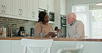 Nurse, old man and home with tablet, conversation and social media with website information, discussion and relax. Black woman, caregiver and senior guy with technology, patient and internet with app