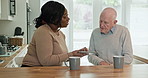 Home, black woman and old man with tablet, typing and social media with network, connection and communication. Pensioner, senior guy and African person with technology, online reading and digital app