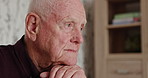 Home, thinking and old man with retirement, sad and dementia with mental health, feeling lonely and alzheimer. Mature person, senior guy and pensioner with anxiety, lonely and memory with depression