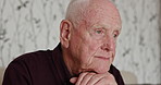 Home, thinking and old man with anxiety, sad and retirement with mental health, feeling lonely and alzheimer. Mature person, senior guy and pensioner with depression, lonely and memory with dementia