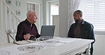 Senior man, home and financial advisor with retirement plan and computer with discussion. Consultation, mortgage conversation and finance communication for insurance at a home with online advice