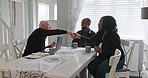 People, real estate agent and handshake for home meeting, success and agreement of rent, mortgage or payment plan. Senior seller, realtor or agent with clients shaking hands for house and investment