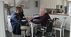 Retirement home, handshake and senior man with computer in wheelchair with financial advice. House, retirement plan and happy people with online investment and success of real estate contract