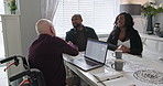 Retirement, realtor handshake and senior man with computer in wheelchair with financial advice. House, retirement plan and happy people with online investment and success of real estate contract