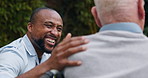Support, conversation and funny old man with caregiver at park, garden or outdoor. Elderly person with a disability, talking to nurse and laughing together, smile and healthcare in rehabilitation