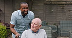 Wheelchair, outdoor and nurse with old man, health and recovery with rehabilitation, wellness and support. Pensioner, person with a disability and caregiver with healing, conversation and helping