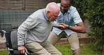 Wheelchair, help and old man with nurse, outdoor and medical service with support, recovery and healthcare. Pensioner, caregiver or person with disability with rehabilitation, retirement or patient