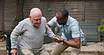 Wheelchair, help and senior man with nurse, outdoor and medical service with support and aid. Pensioner, caregiver or person with disability with rehabilitation, retirement or healthcare with patient